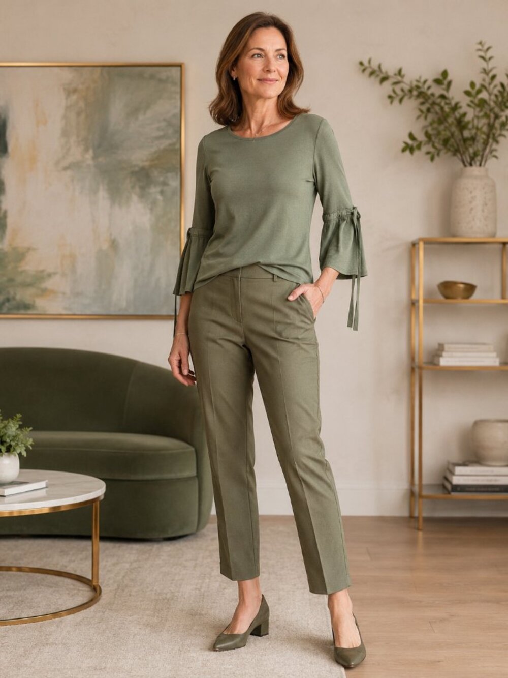 White House Black Market Women's Dark Olive Top 3/4 Bell Sleeve Sz XXS Pre-owned